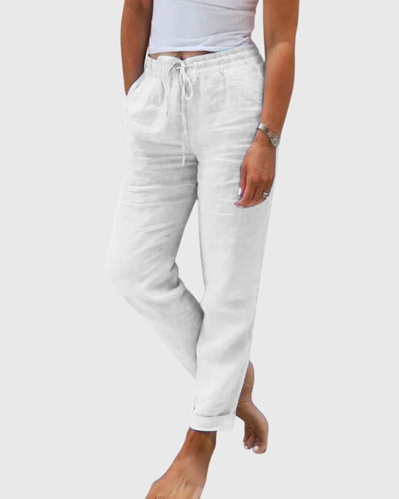 Women's Tailored Pants with Elastic Waistband - Elegant Everyday Fit - White