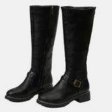 Women's Tall Riding Knee High Boots Buckle Strap Low Heel | Autumn - Black