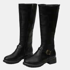 Women's Tall Riding Knee High Boots Buckle Strap Low Heel | Autumn - Black