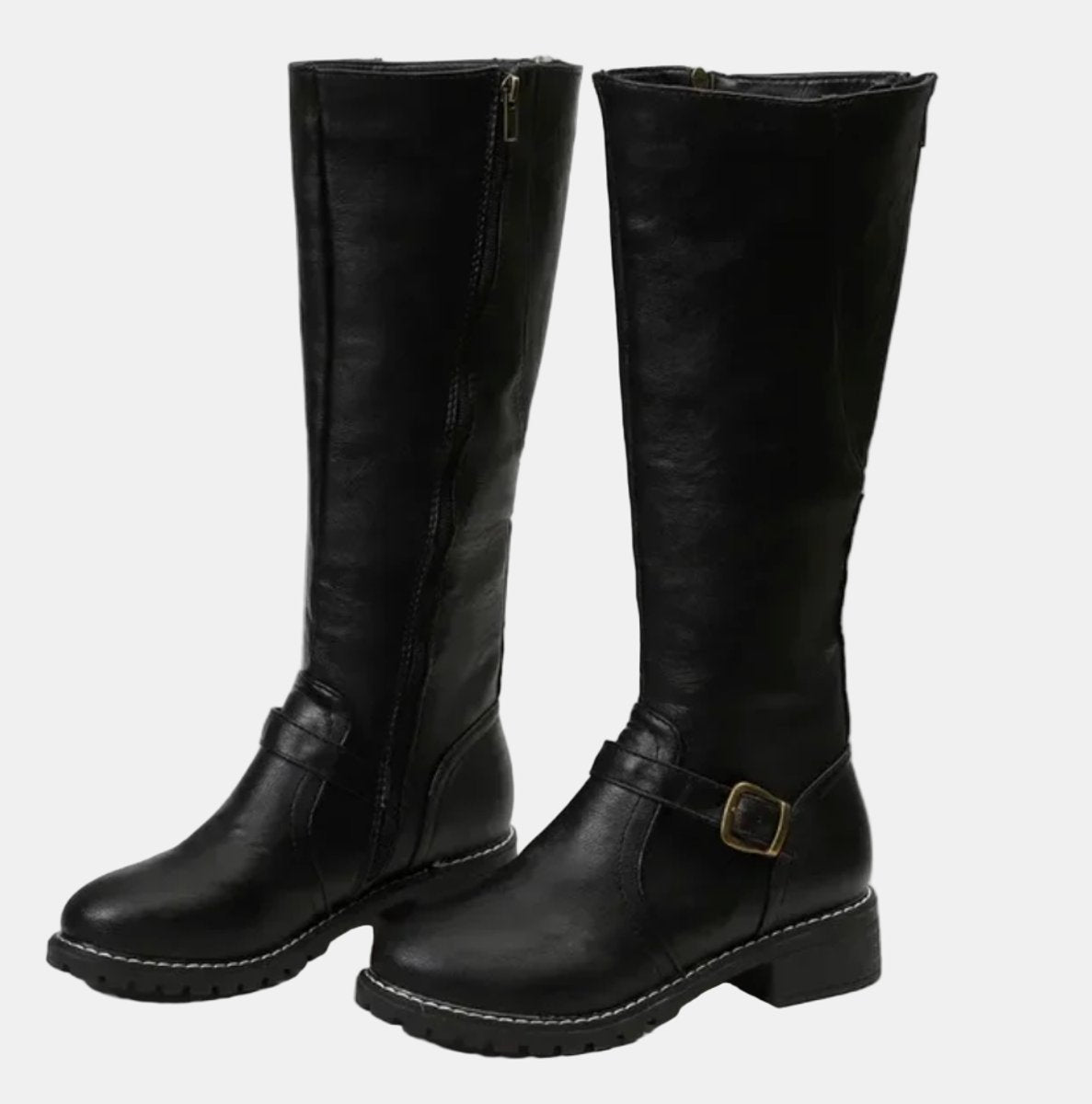 Women's Tall Riding Knee High Boots Buckle Strap Low Heel | Autumn - Black