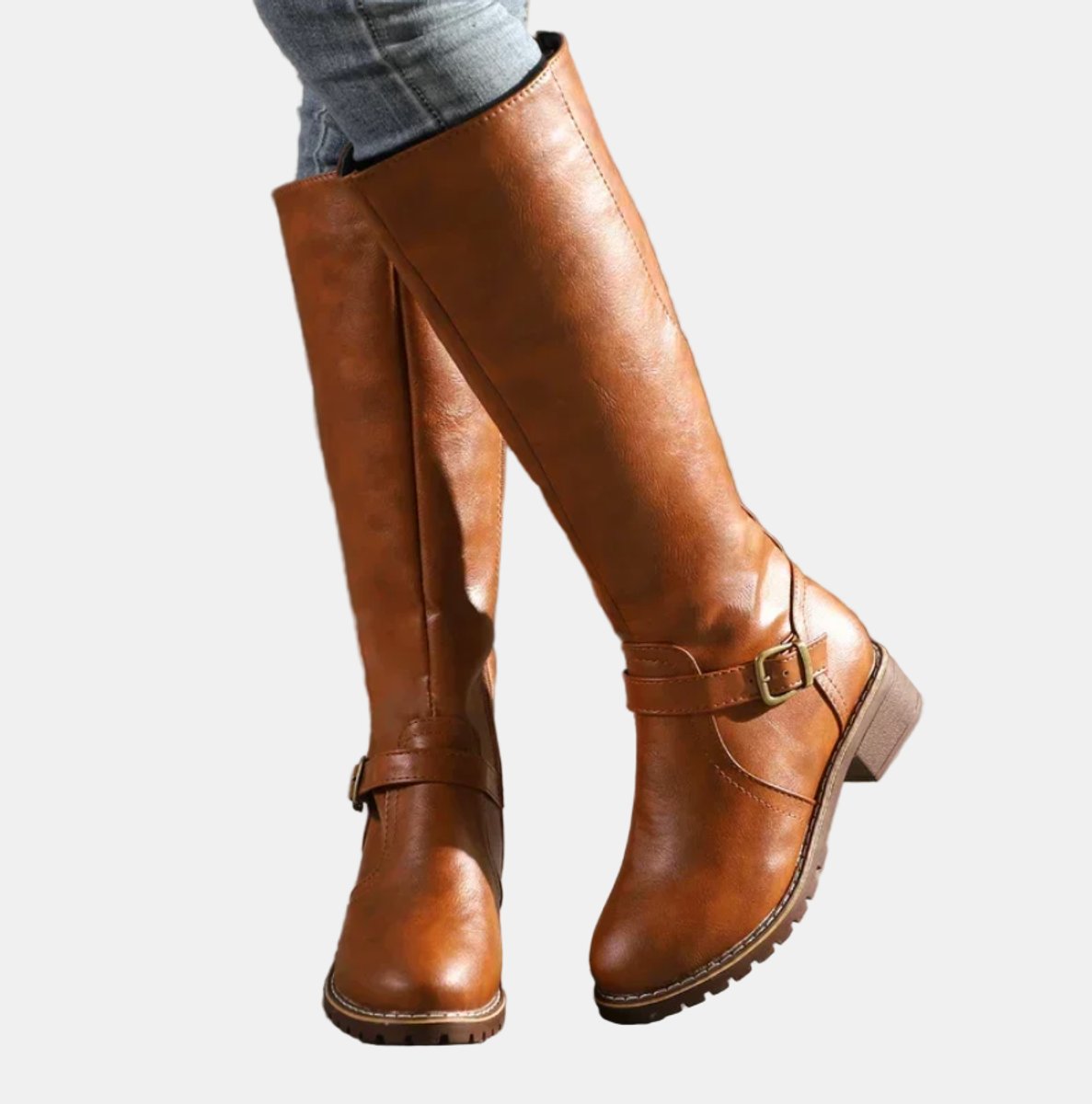 Women's Tall Riding Knee High Boots Buckle Strap Low Heel | Autumn - Brown