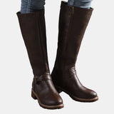 Women's Tall Riding Knee High Boots Buckle Strap Low Heel | Autumn - Dark Brown