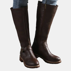 Women's Tall Riding Knee High Boots Buckle Strap Low Heel | Autumn - Dark Brown