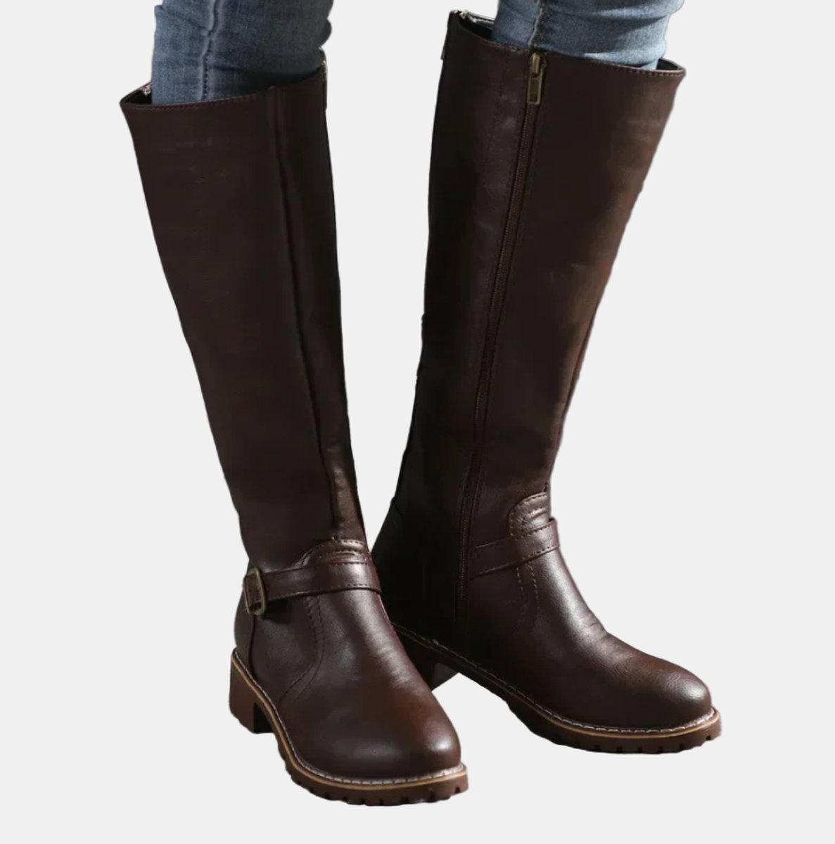 Women's Tall Riding Knee High Boots Buckle Strap Low Heel | Autumn - Dark Brown