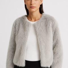 Women's Teddy Jacket | Crew Neck | Plush | Winter - Light Gray