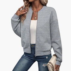 Women's Textured Bomber | Full Zip | Drawstring Waist | Autumn - Light Gray