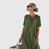 Women's Tie-Neck Midi Dress - Elegant Summer Style - Army Green