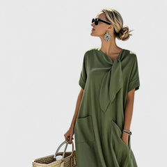 Women's Tie-Neck Midi Dress - Elegant Summer Style - Army Green