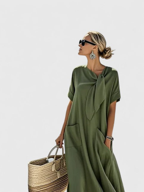 Women's Tie-Neck Midi Dress - Elegant Summer Style - Army Green