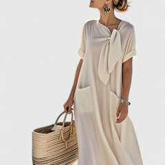 Women's Tie-Neck Midi Dress - Elegant Summer Style - Beige
