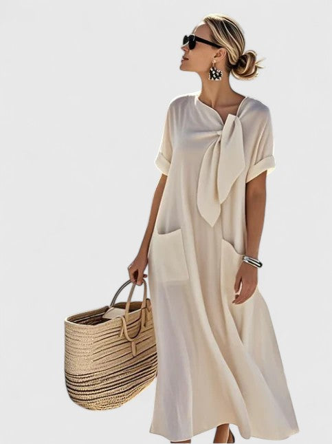 Women's Tie-Neck Midi Dress - Elegant Summer Style - Beige