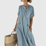 Women's Tie-Neck Midi Dress - Elegant Summer Style - Blue