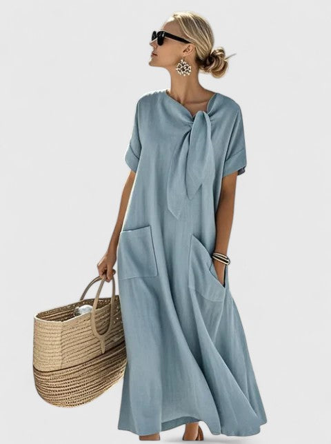 Women's Tie-Neck Midi Dress - Elegant Summer Style - Blue
