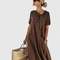 Women's Tie-Neck Midi Dress - Elegant Summer Style - Brown