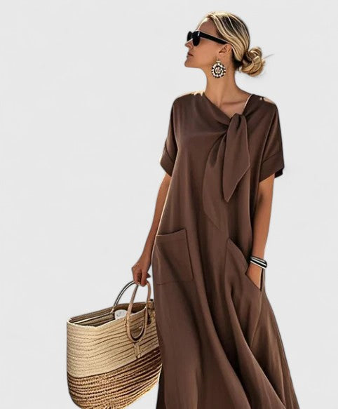 Women's Tie-Neck Midi Dress - Elegant Summer Style - Brown