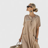 Women's Tie-Neck Midi Dress - Elegant Summer Style - Khaki
