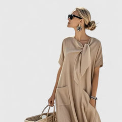 Women's Tie-Neck Midi Dress - Elegant Summer Style - Khaki