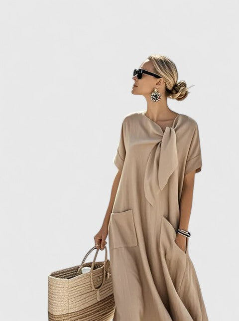 Women's Tie-Neck Midi Dress - Elegant Summer Style - Khaki
