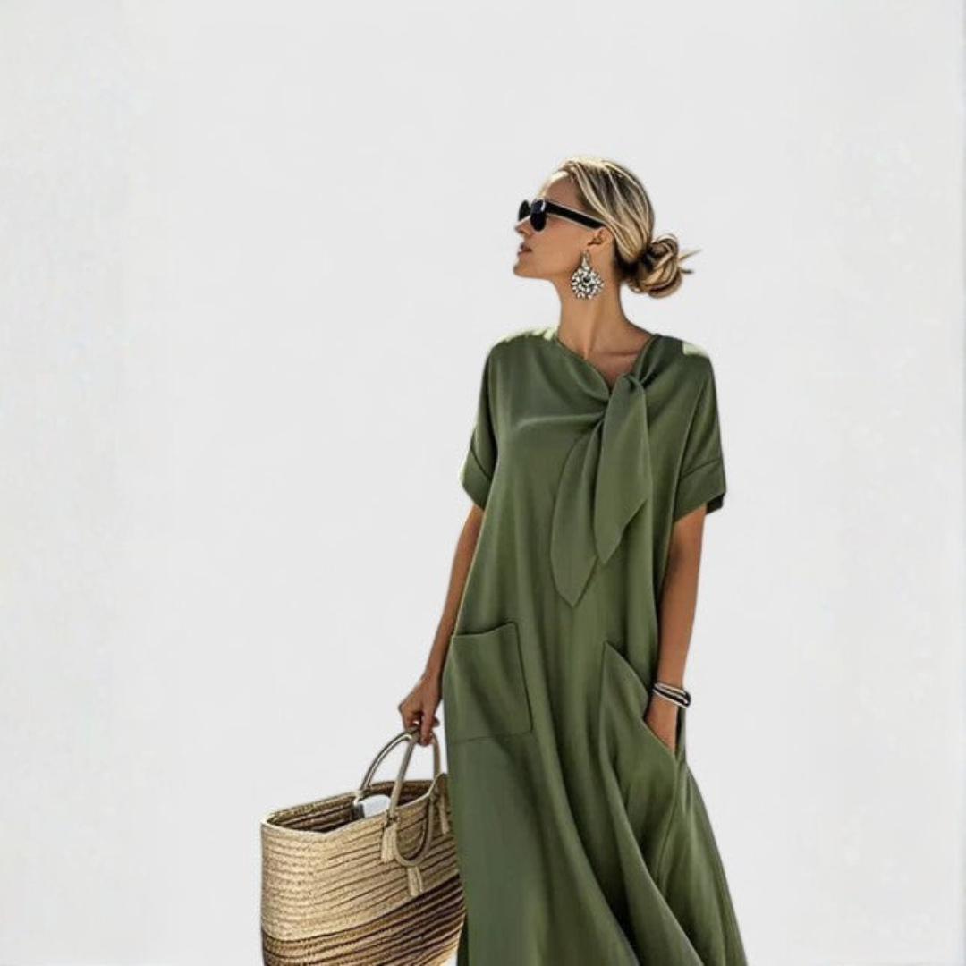 Women's Tie-Neck Midi Dress with Pockets - Relaxed Fit | Summer - Army Green