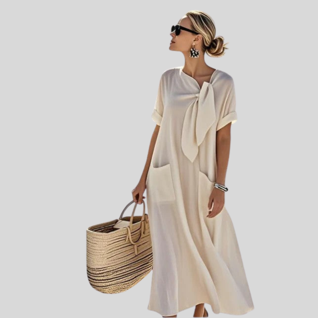 Women's Tie-Neck Midi Dress with Pockets - Relaxed Fit | Summer - Beige