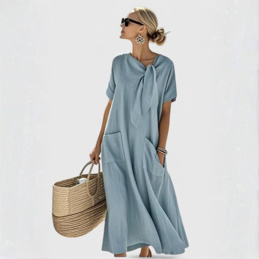 Women's Tie-Neck Midi Dress with Pockets - Relaxed Fit | Summer - Blue