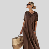 Women's Tie-Neck Midi Dress with Pockets - Relaxed Fit | Summer - Brown