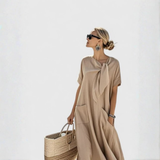 Women's Tie-Neck Midi Dress with Pockets - Relaxed Fit | Summer - Khaki