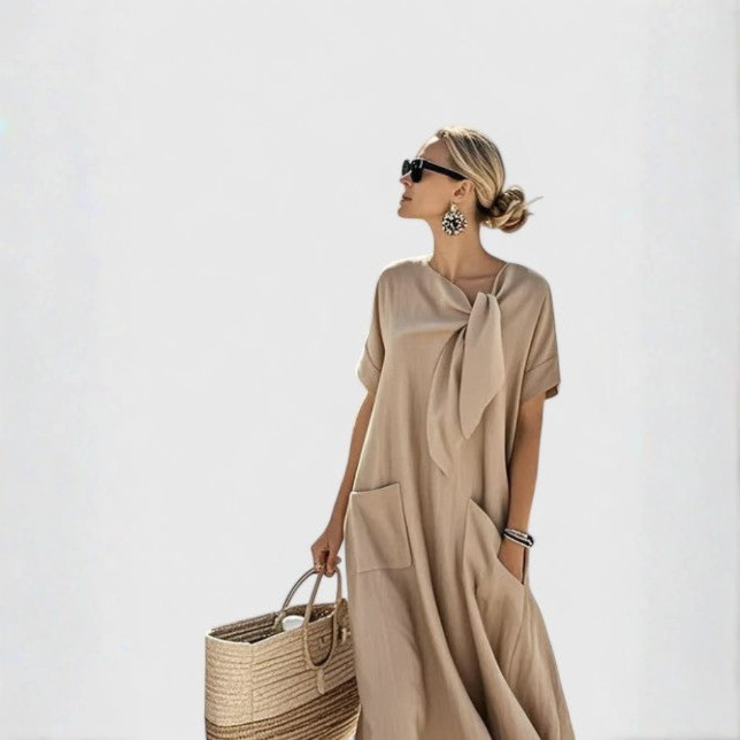 Women's Tie-Neck Midi Dress with Pockets - Relaxed Fit | Summer - Khaki