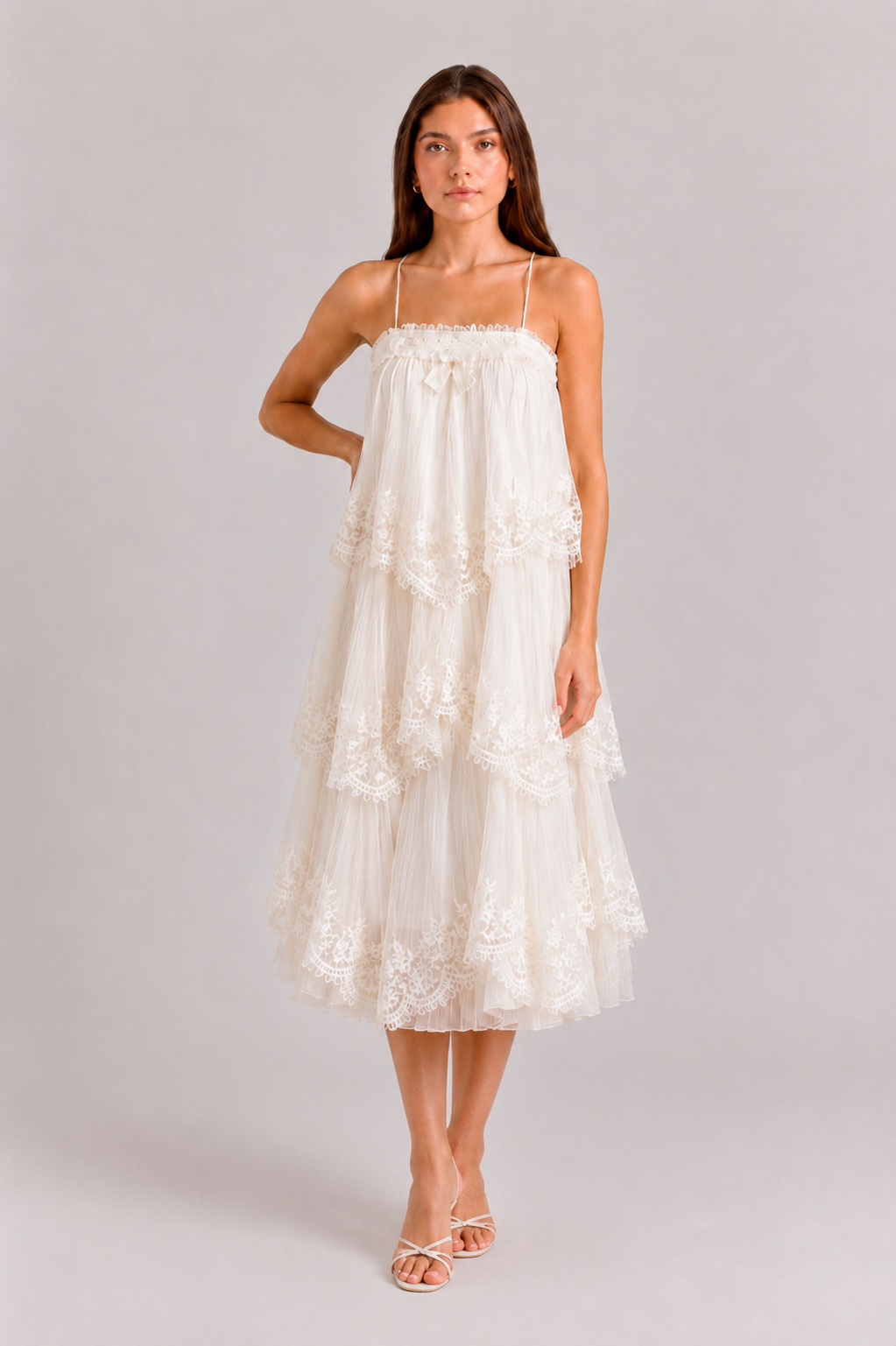 Women's Tiered Lace Midi Dress - Trapeze Silhouette | Summer