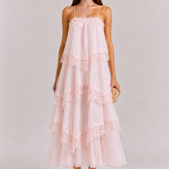 Women's Tiered Lace Midi Dress - Trapeze Silhouette | Summer - Pink