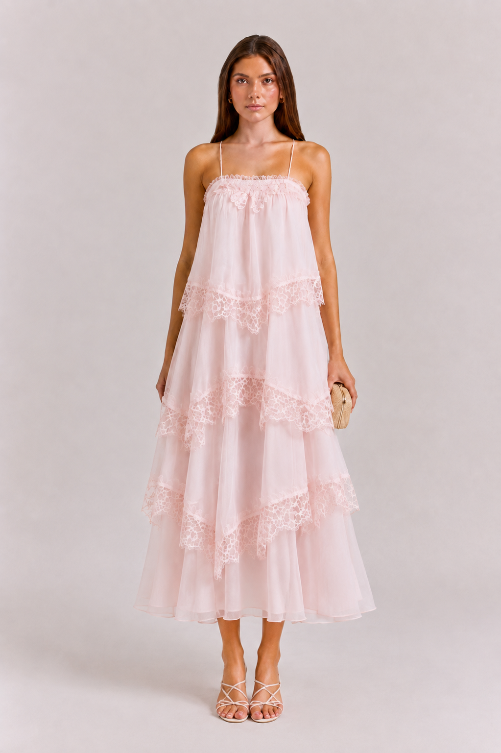 Women's Tiered Lace Midi Dress - Trapeze Silhouette | Summer - Pink
