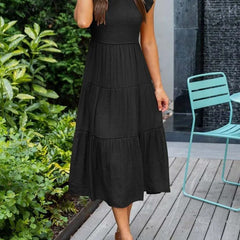 Women's Tiered Maxi Dress Cap Sleeve Tummy Control | Summer - Black