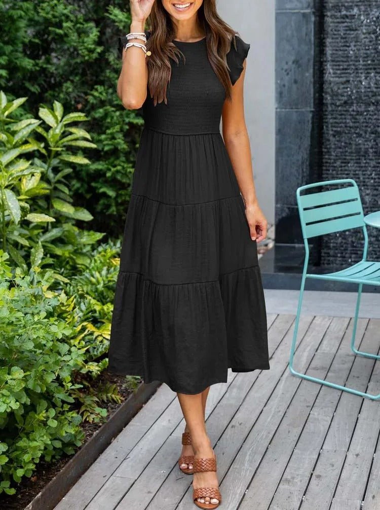 Women's Tiered Maxi Dress Cap Sleeve Tummy Control | Summer - Black