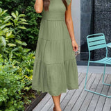 Women's Tiered Maxi Dress Cap Sleeve Tummy Control | Summer - Dark Green