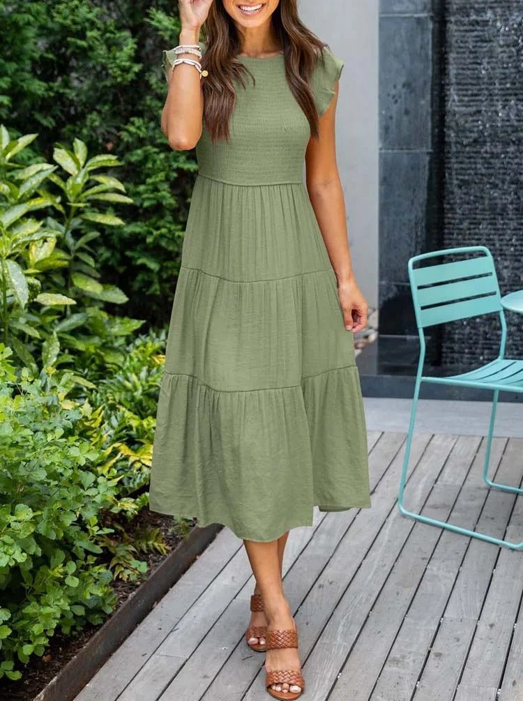 Women's Tiered Maxi Dress Cap Sleeve Tummy Control | Summer - Dark Green