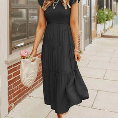 Women's Tiered Maxi Dress Cap Sleeve Tummy Control | Summer
