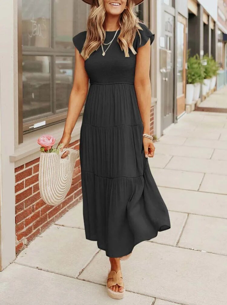 Women's Tiered Maxi Dress Cap Sleeve Tummy Control | Summer