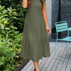 Women's Tiered Maxi Dress Cap Sleeve Tummy Control | Summer