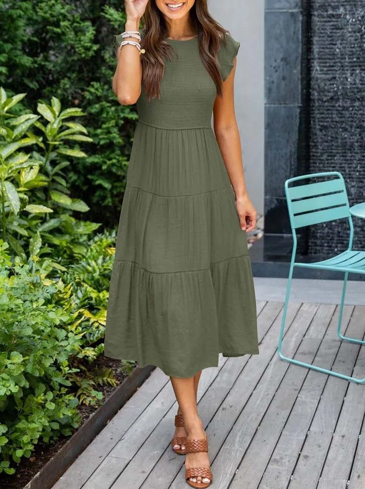 Women's Tiered Maxi Dress Cap Sleeve Tummy Control | Summer