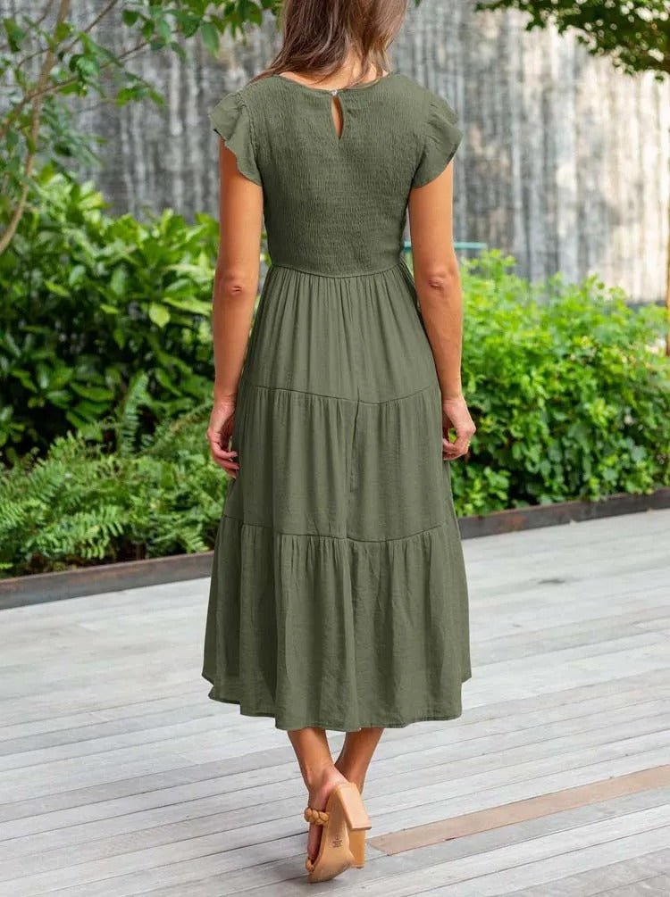 Women's Tiered Maxi Dress Cap Sleeve Tummy Control | Summer