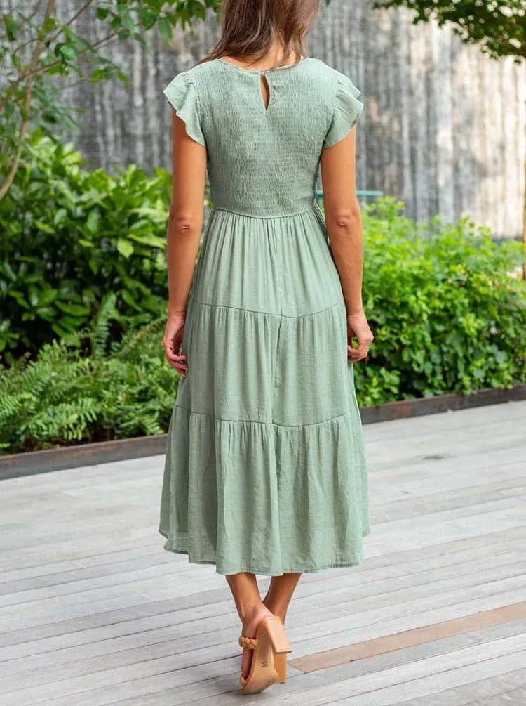 Women's Tiered Maxi Dress Cap Sleeve Tummy Control | Summer
