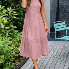 Women's Tiered Maxi Dress Cap Sleeve Tummy Control | Summer