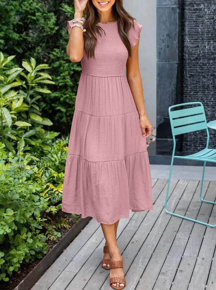 Women's Tiered Maxi Dress Cap Sleeve Tummy Control | Summer