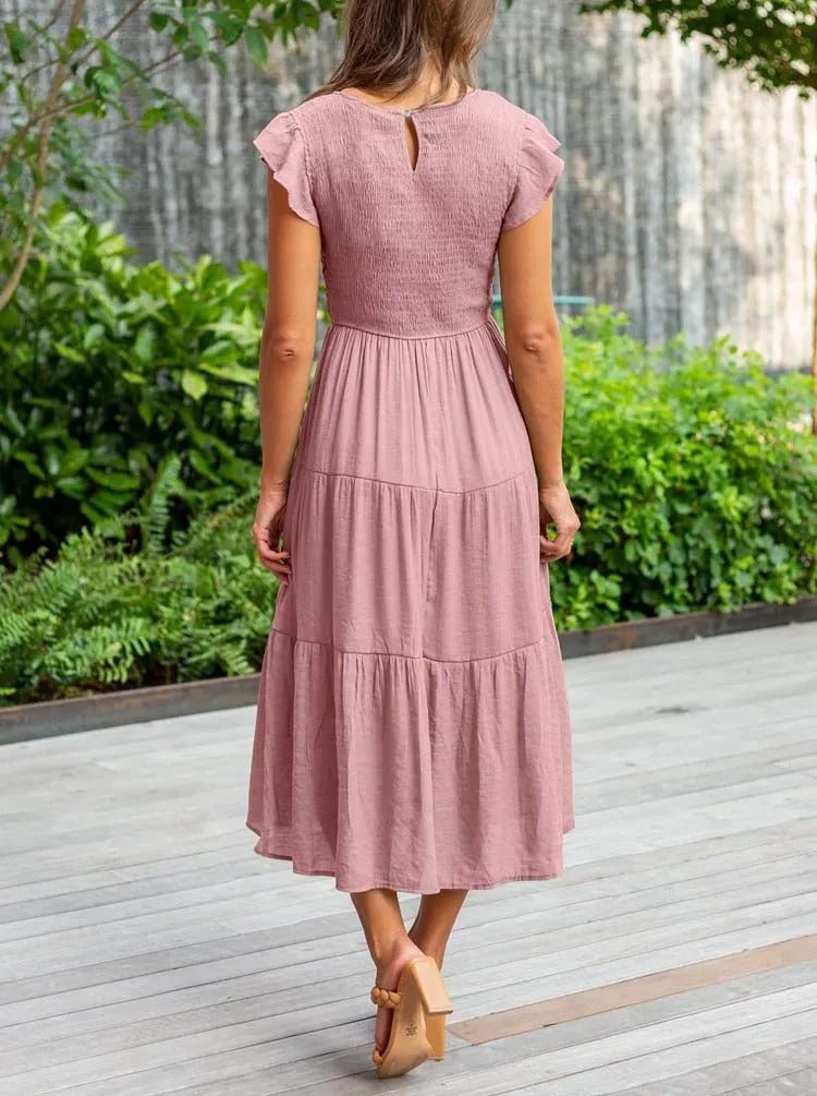 Women's Tiered Maxi Dress Cap Sleeve Tummy Control | Summer