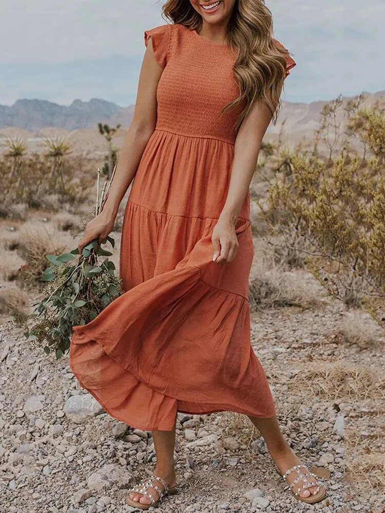 Women's Tiered Maxi Dress Cap Sleeve Tummy Control | Summer