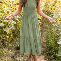 Women's Tiered Maxi Dress Cap Sleeve Tummy Control | Summer