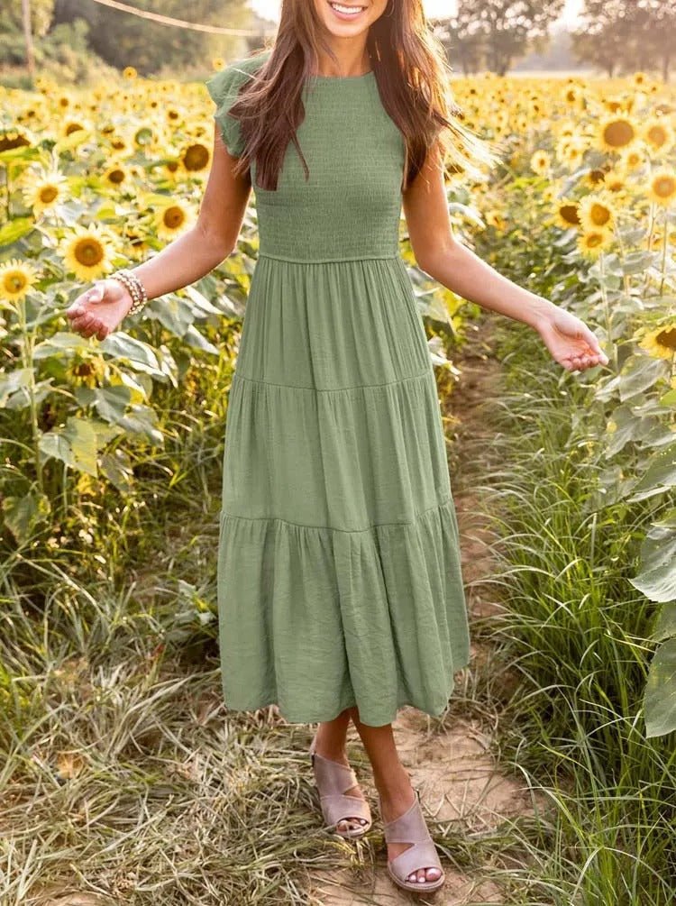 Women's Tiered Maxi Dress Cap Sleeve Tummy Control | Summer