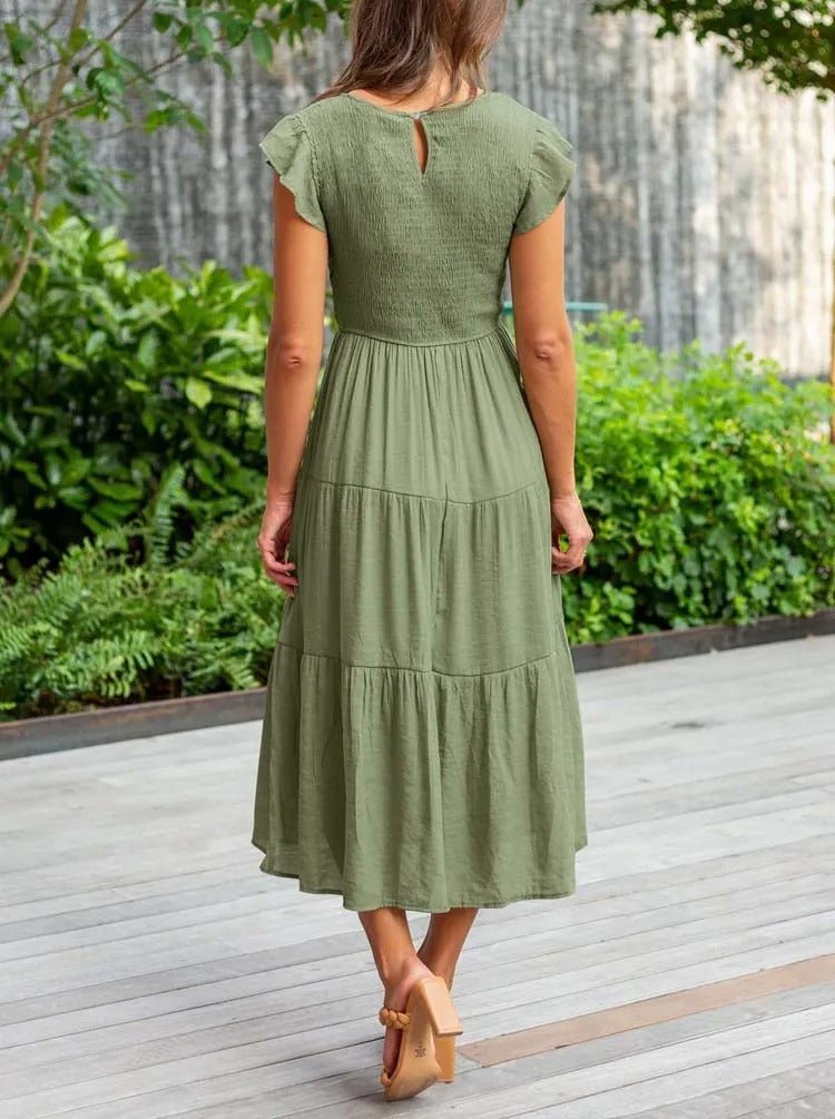 Women's Tiered Maxi Dress Cap Sleeve Tummy Control | Summer