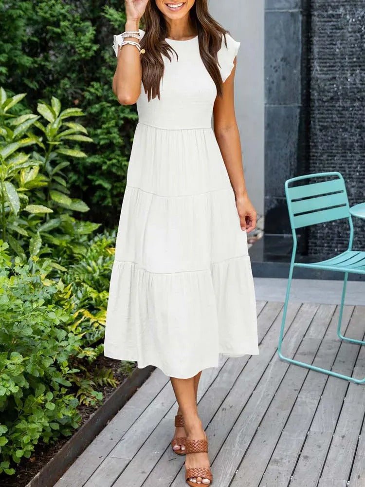 Women's Tiered Maxi Dress Cap Sleeve Tummy Control | Summer