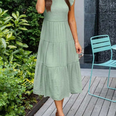 Women's Tiered Maxi Dress Cap Sleeve Tummy Control | Summer - Light Green
